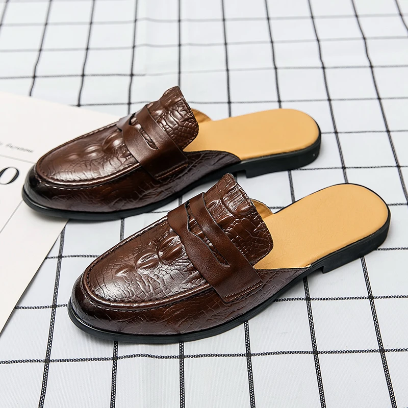 

WEH Men Mules Summer Breathable Half Slippers Outdoor Leather Casual Shoes Crocodile Pattern Man Half Shoes Man Penny Loafers