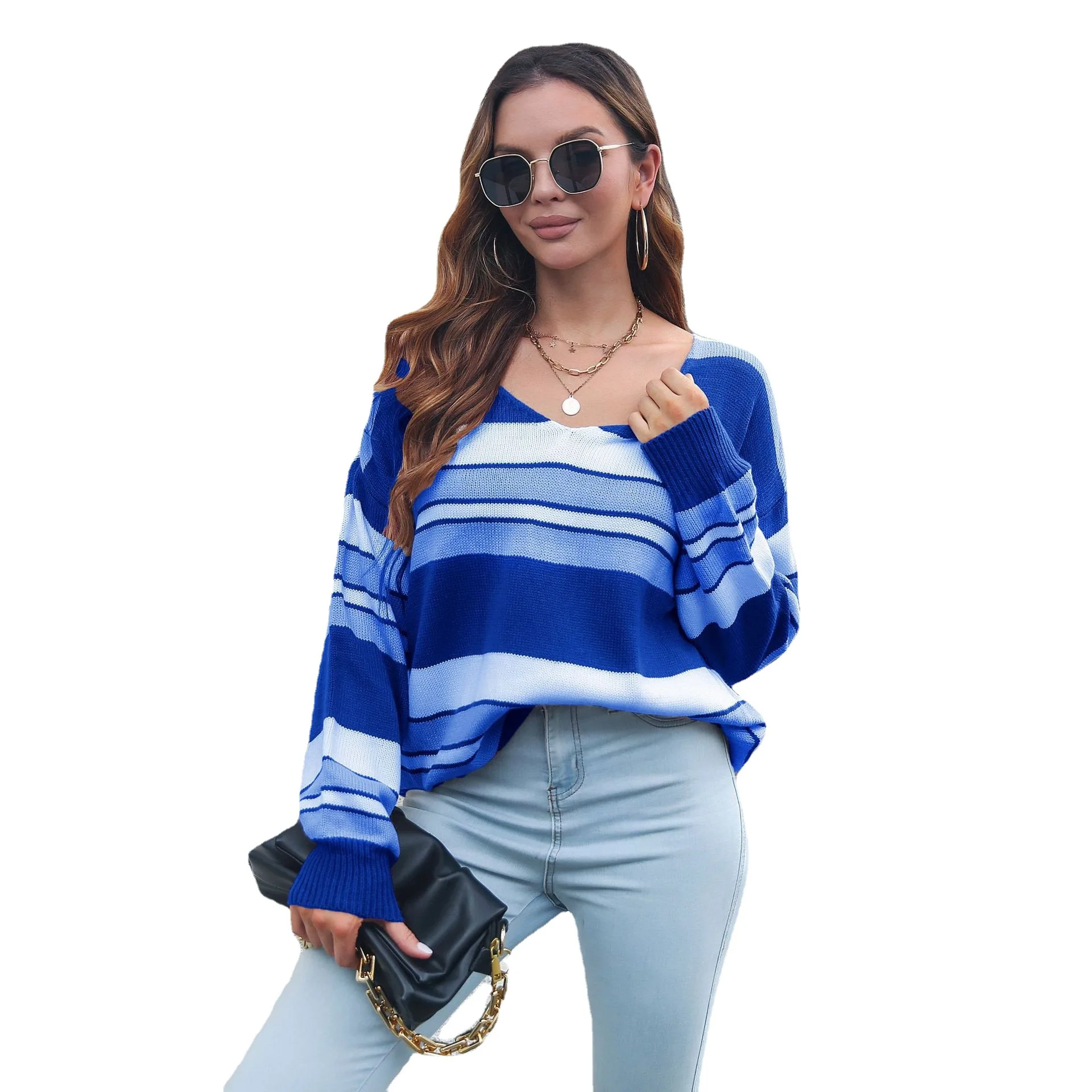 Stripe V-neck Long Sleeved Loose Sweater for Women 
Stripe V-neck Long Sleeved Loose Sweater for Women