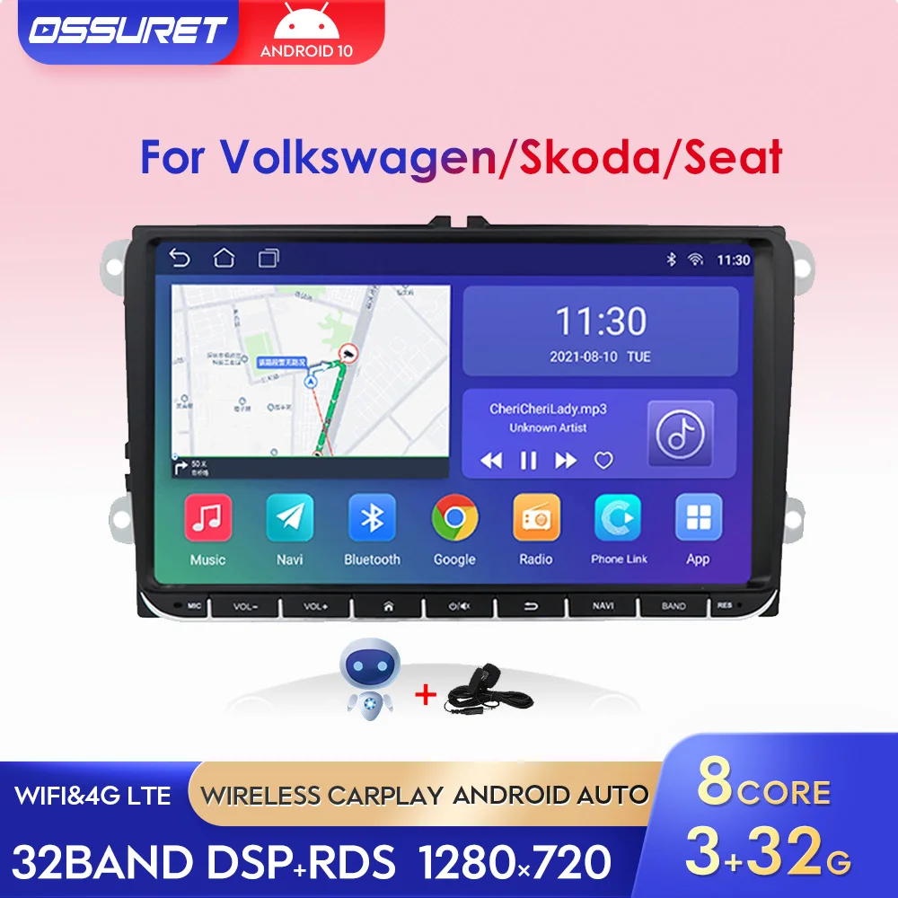 Автомобильный мультимедийный радиоплеер Android 10 для Volkswagen VW Polo Golf Passat Tiguan Skoda Yeti