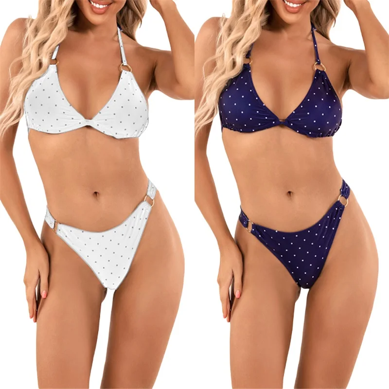 Women\u2019s Two Piece Bikini Set Fashion Dot Printed Tie-up Halter Vest and High Waist Thong
Women\u2019s Two Piece Bikini Set Fashion Dot Printed Tie-up Halter Vest and High Waist Thong