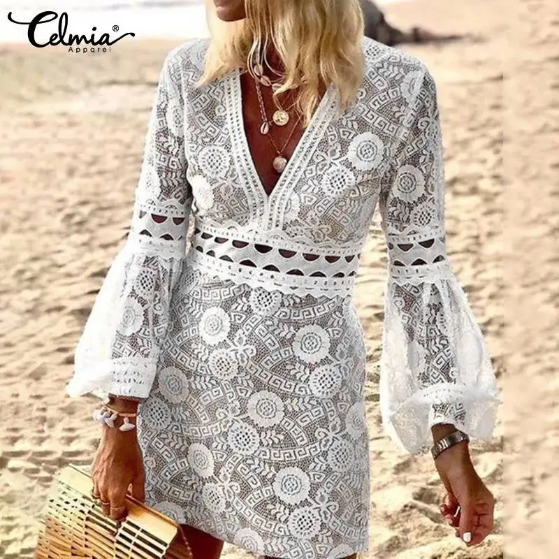 Celmia 2022 Summer White Lace Party Dress Women Flare Sleeve Sexy V-neck Short Vestido Hollow Out Perspective Mini Sundress Robe
Celmia 2022 Summer White Lace Party Dress Women Flare Sleeve Sexy V-neck Short Vestido Hollow Out Perspective Mini Sundress Robe