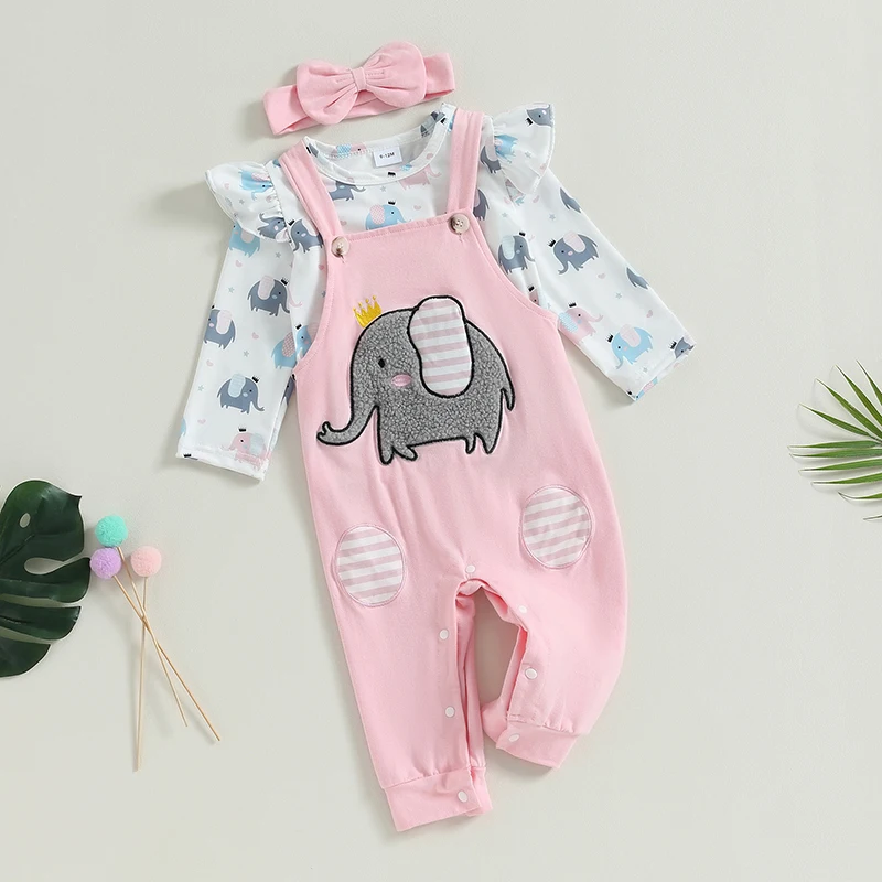 

Комплект одежды для маленьких девочек, Топ с длинным рукавом и принтом динозавра и брюки на подтяжках с принтом слона, повязка на голову, осенняя одежда