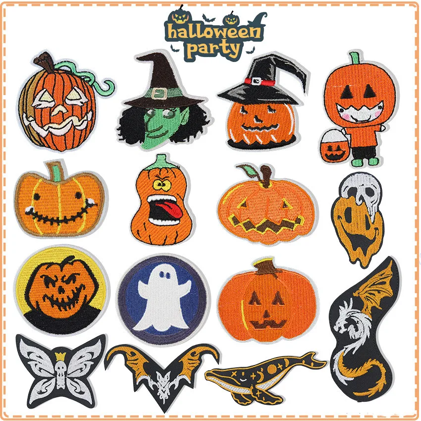 

Mixed 16Pcs/Lot Halloween Witch Pumpkin Patches Color Sewn Embroidery Applique Clothing Handmade DIY Garment Decor Accessories