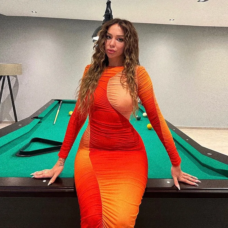 Elegant Patchwork Ruched Long Dress for Women Sexy Perspective Sheer Mesh Long Sleeve Skinny Night Club Party Dresses Robe
Elegant Patchwork Ruched Long Dress for Women Sexy Perspective Sheer Mesh Long Sleeve Skinny Night Club Party Dresses Robe