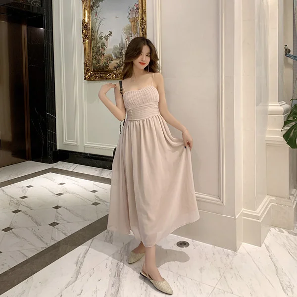 

Women Summer Chiffon Fairy Apricot Dress High Waist Pleated Spaghetti Strap Mid-length Dress Sleevess Soild Slim Body Dresses