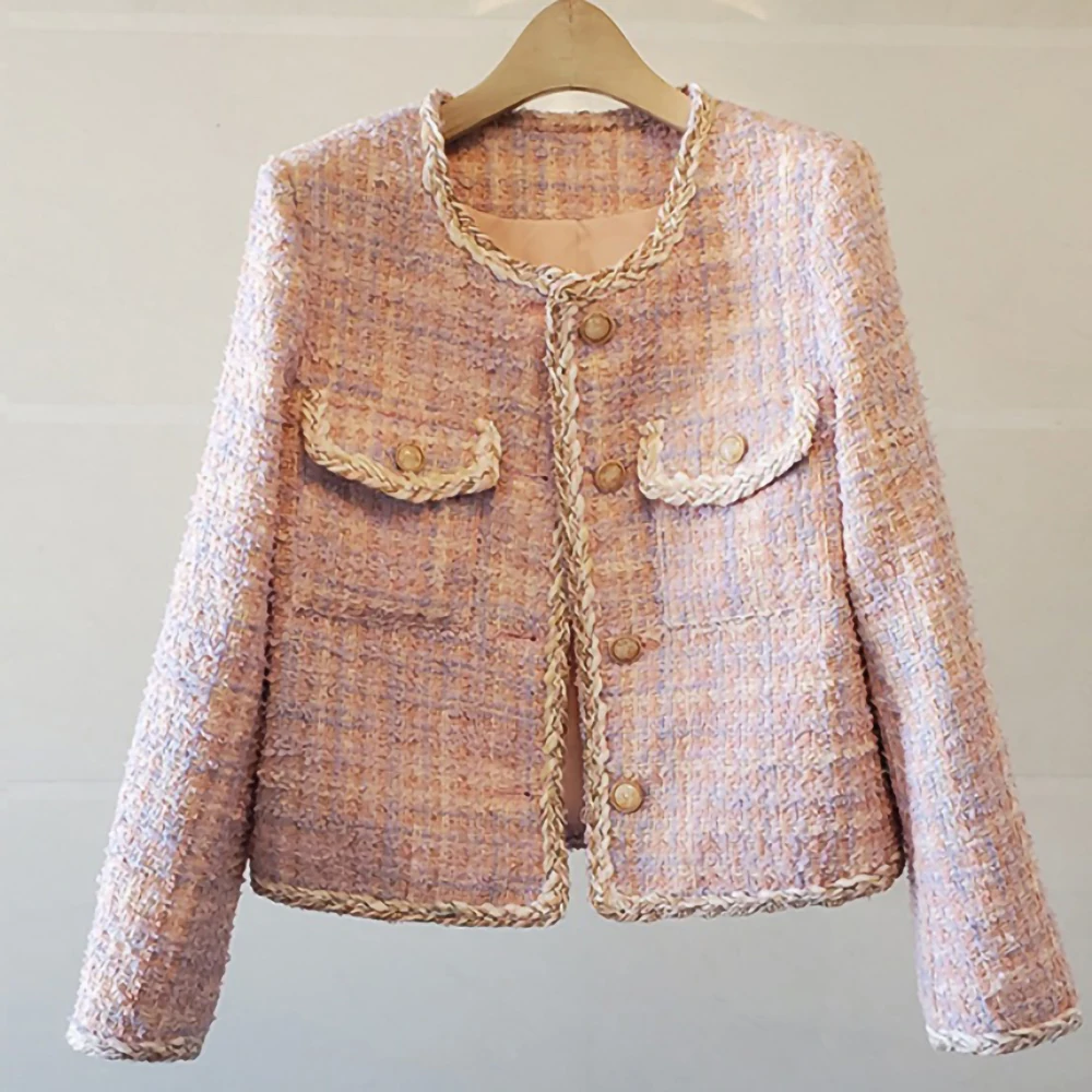 

Tailor Store customize Short jacket French temperament small fragrance pink coat women's tweed braided edge jacket for women