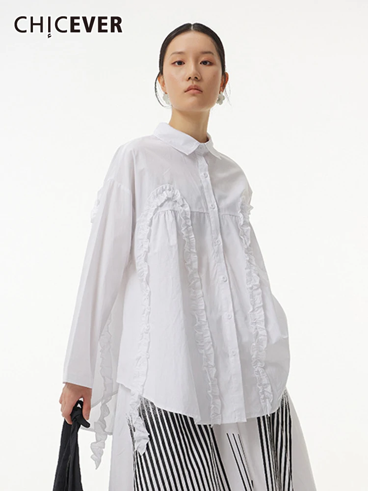 

CHICEVER темпераментная белая Лоскутная рубашка для женщин с отворотом и длинным рукавом, Повседневная Весенняя женская блузка 2022, модная одеж...