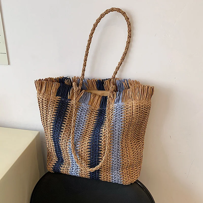 

Соломенная плетеная сумка на плечо в полоску, летняя пляжная сумочка ручной работы с ручками, дорожный праздничный тоут для покупок для отпуска