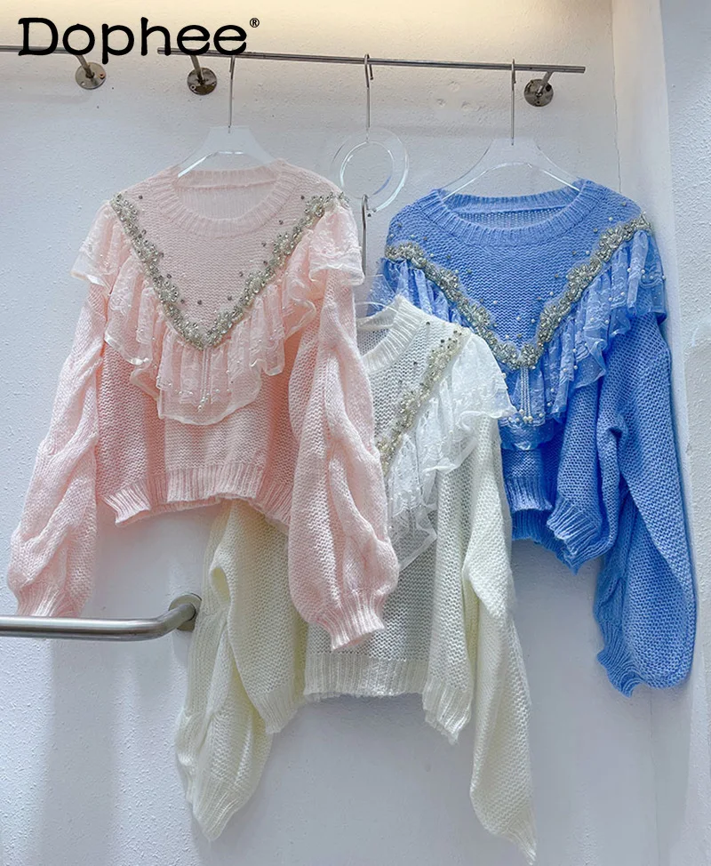 Fashion Heavy Beads Lace Ruffled Knitwear Pullover Women New Clothes O-Neck Long Sleeve Loose Pink Sweater Spring Autumn 2022
Fashion Heavy Beads Lace Ruffled Knitwear Pullover Women New Clothes O-Neck Long Sleeve Loose Pink Sweater Spring Autumn 2022