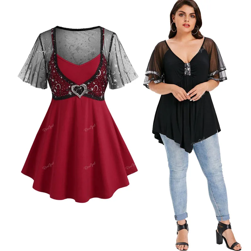 

ROSEGAL Women's Plus Size Mesh Panel T-shirt New Fashion Red Heart Buckle Moon Star Tee Black Sparkling Sequin Ruched V Neck Top