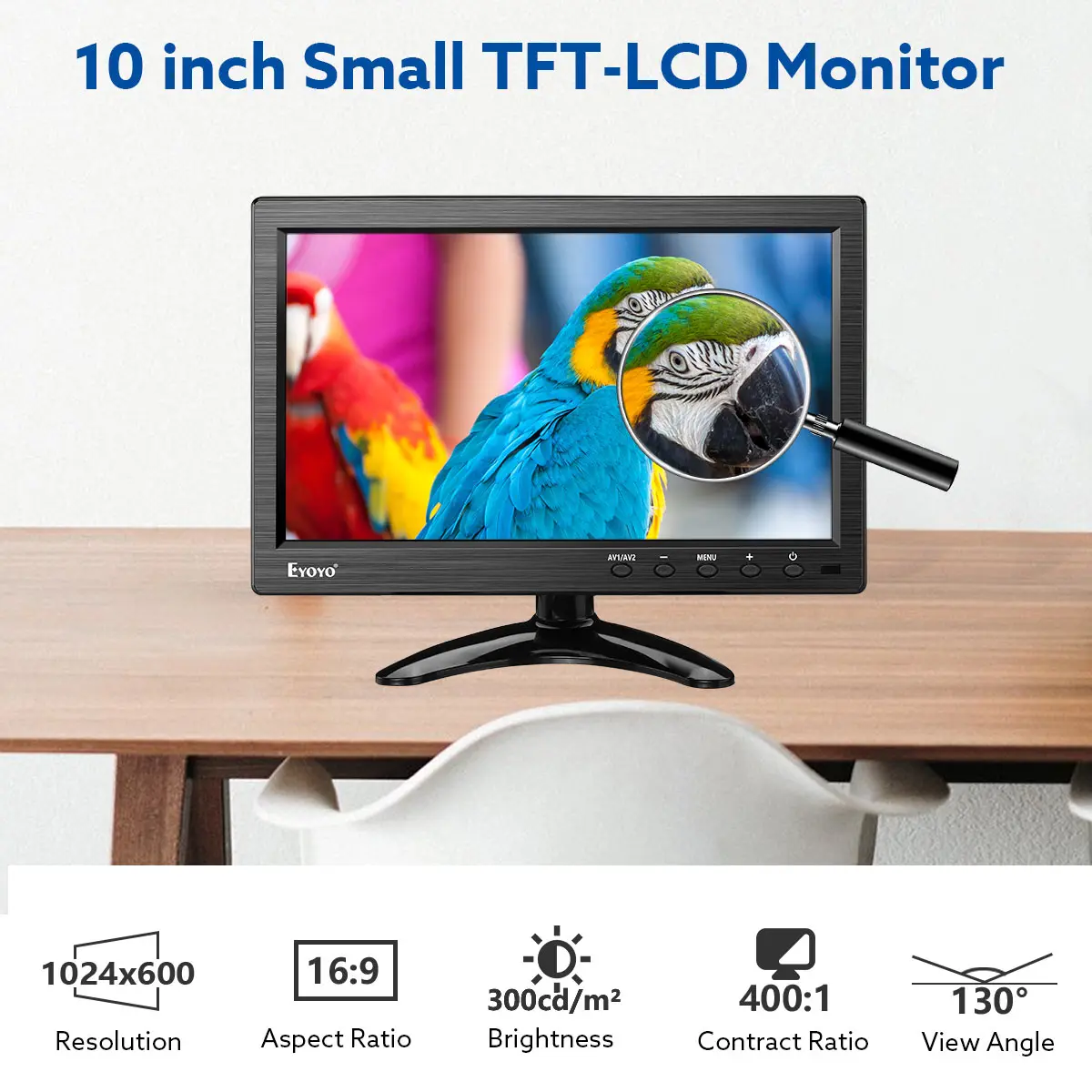 

Eyoyo 10 Inch Monitor 1024x600 Display HD TFT LED Screen Support AV VGA BNC Video Input for CCTV DVD PC DVR with Speaker