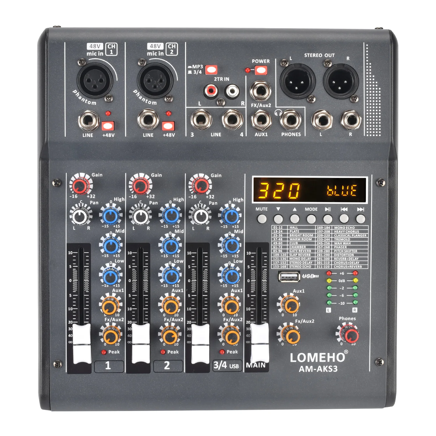 

LOMEHO 320 DSP Effects Audio Mixer 2 AUX Output 4 Channels Sound Mixing Console Table Individual 48V Phantom Bluetooth AM-AKS3
