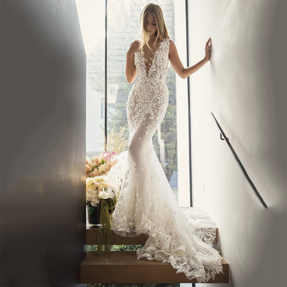 Elegant Wedding Dresses Sexy Deep V-Neck Sleeveless Backless Vestido De Noiva Lace Applique Beach Trumpet Sweep Train Bride Gown
Elegant Wedding Dresses Sexy Deep V-Neck Sleeveless Backless Vestido De Noiva Lace Applique Beach Trumpet Sweep Train Bride Gown