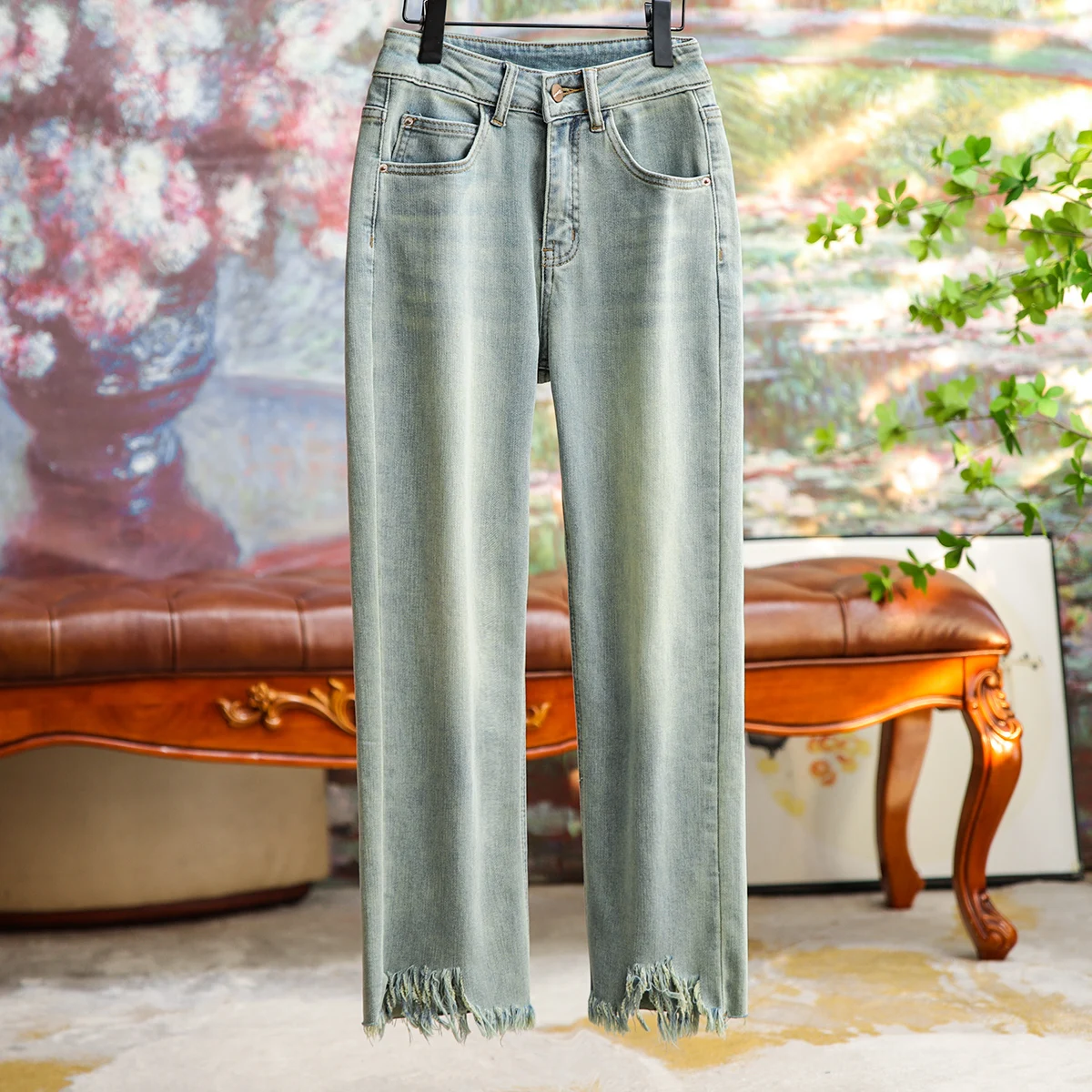

Temperament Do Old Fringe 9 Points Jeans Women's Fashion Casual Commuter Pants Slim Solid Elegant High Street Trousers Clothing