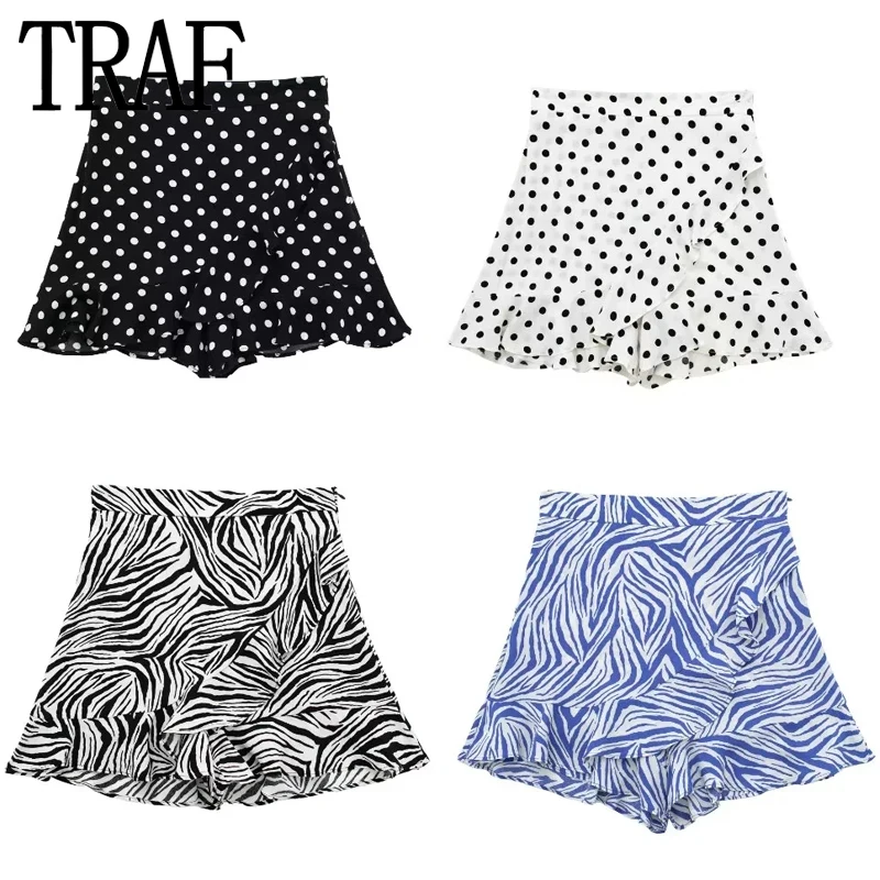 

TRAF 2023 Woman Print Ruffle Skirt Shorts Woman Polka Dot Women's Skort High Waist Summer Shorts For Women Mini Casual Shorts