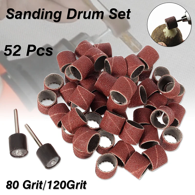 52Pcs/Set Sanding Drum 80/120 Grit Drum Sanding Band Sleeves And 2pcs Rubber Mandrels For Carving Etching Grinding Rotary Tool
52Pcs/Set Sanding Drum 80/120 Grit Drum Sanding Band Sleeves And 2pcs Rubber Mandrels For Carving Etching Grinding Rotary Tool