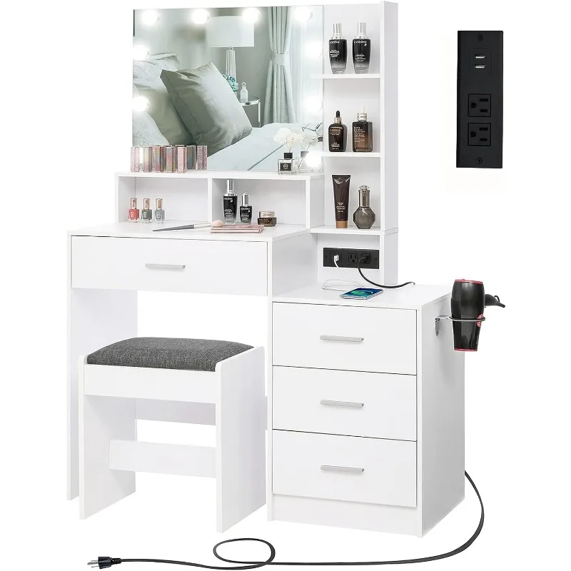 Usikey Large Vanity Table Set with Lighted Mirror & Charging Station, with 4 Storage Shelves and 4 Drawers & Cushioned Stool
Usikey Large Vanity Table Set with Lighted Mirror & Charging Station, with 4 Storage Shelves and 4 Drawers & Cushioned Stool