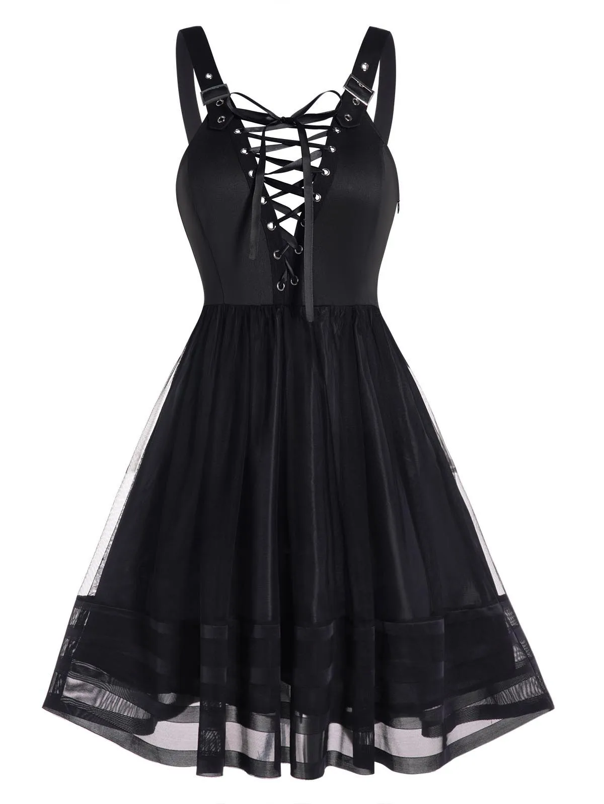 

Dressfo Women Solid Black Dresses Punk Style Lace Up Mesh Overlay A Line Dress Adjustable Buckle Strap Sleeveless Dress