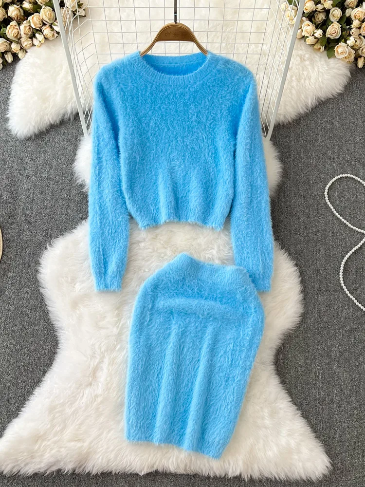 Elegant Sweet Mohair Knitted 2 Piece Set Chic Women Sexy O-Neck Sweater Pullover Top + Mini Wrap Hip Skirt Suit 2022 Autumn New
Elegant Sweet Mohair Knitted 2 Piece Set Chic Women Sexy O-Neck Sweater Pullover Top + Mini Wrap Hip Skirt Suit 2022 Autumn New