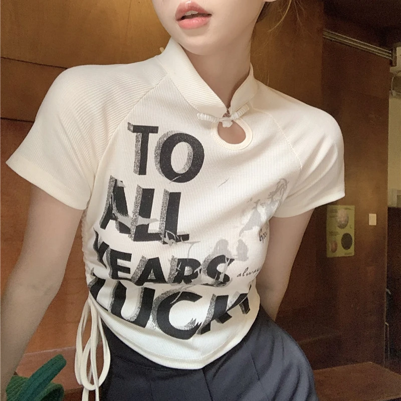 Improved Cheongsam Short-sleeved Y2k T-shirt Female Summer Hot Girl Pure Desire Letter Printing Tight Casual Tops
Improved Cheongsam Short-sleeved Y2k T-shirt Female Summer Hot Girl Pure Desire Letter Printing Tight Casual Tops