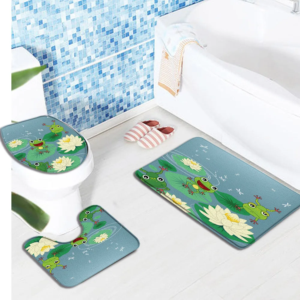 

Cartoon Lotus Pond Frog Illustration Landscape Bath Mat 3pcs Sets Decor Kids Room Anti Slip Foot Mat Carpet Bathroom Rugs U-Mat