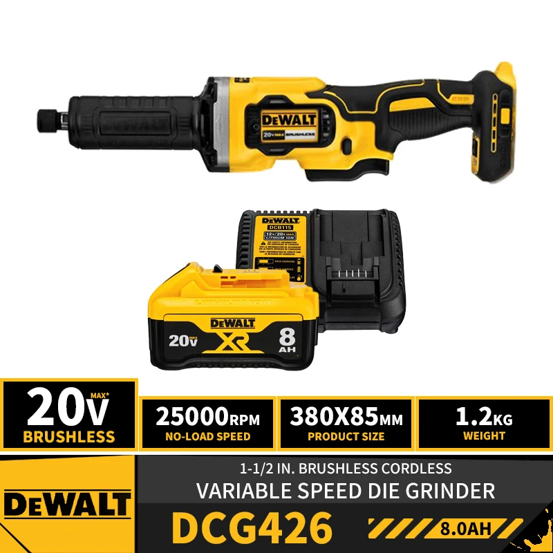 DEWALT DCG426 1-1/2in Brushless Cordless Variable Speed Die Grinder 20V Lithium Power Tools 25000RPM With Battery Charger 
DEWALT DCG426 1-1/2in Brushless Cordless Variable Speed Die Grinder 20V Lithium Power Tools 25000RPM With Battery Charger