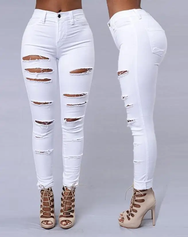 

2023 Summer Zipper Fly Ladder Cutout Ripped Skinny Jeans Long Pants New Fashion Women's Pants Elegant Trouser Casual Bottom