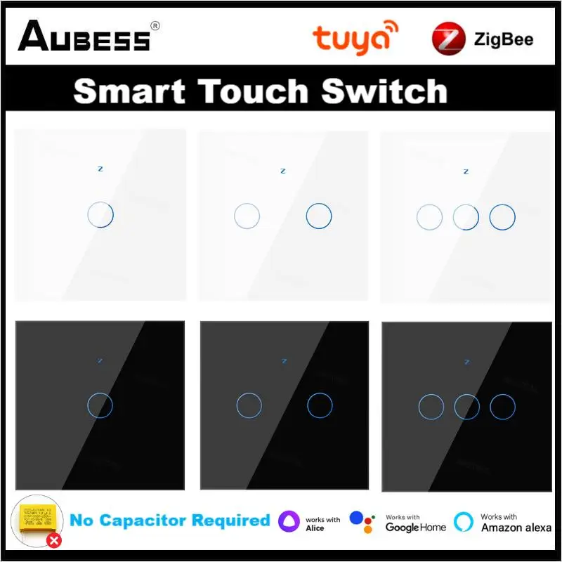 

Aubess Tuya ZigBee Smart Switch No Neutral Wire Required 1/2/3 Gang No Capacitor Require Work With Alexa Google Assistant Yandex