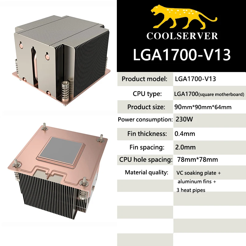 COOLSERVER V13 For LGA 1700 Square Motherboard Server CPU Cooler Silent 3 Heatpipes Workstation Computer Radiator CPU Cooler
COOLSERVER V13 For LGA 1700 Square Motherboard Server CPU Cooler Silent 3 Heatpipes Workstation Computer Radiator CPU Cooler
