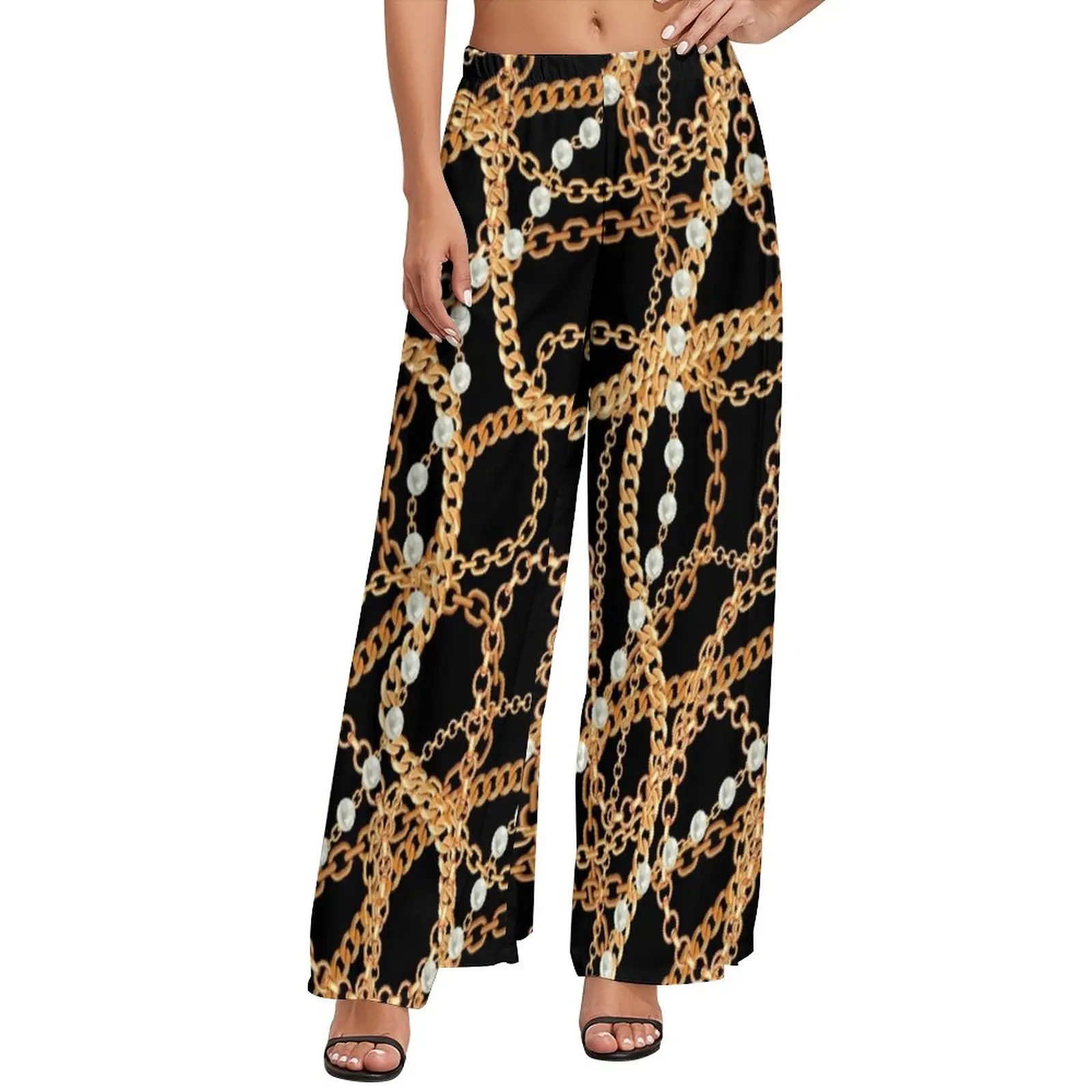Gold Chains Pants Elastic High Waist Pearl Strand Jewelry Print Kawaii Trousers Beach Custom Wide Leg Pants
Gold Chains Pants Elastic High Waist Pearl Strand Jewelry Print Kawaii Trousers Beach Custom Wide Leg Pants