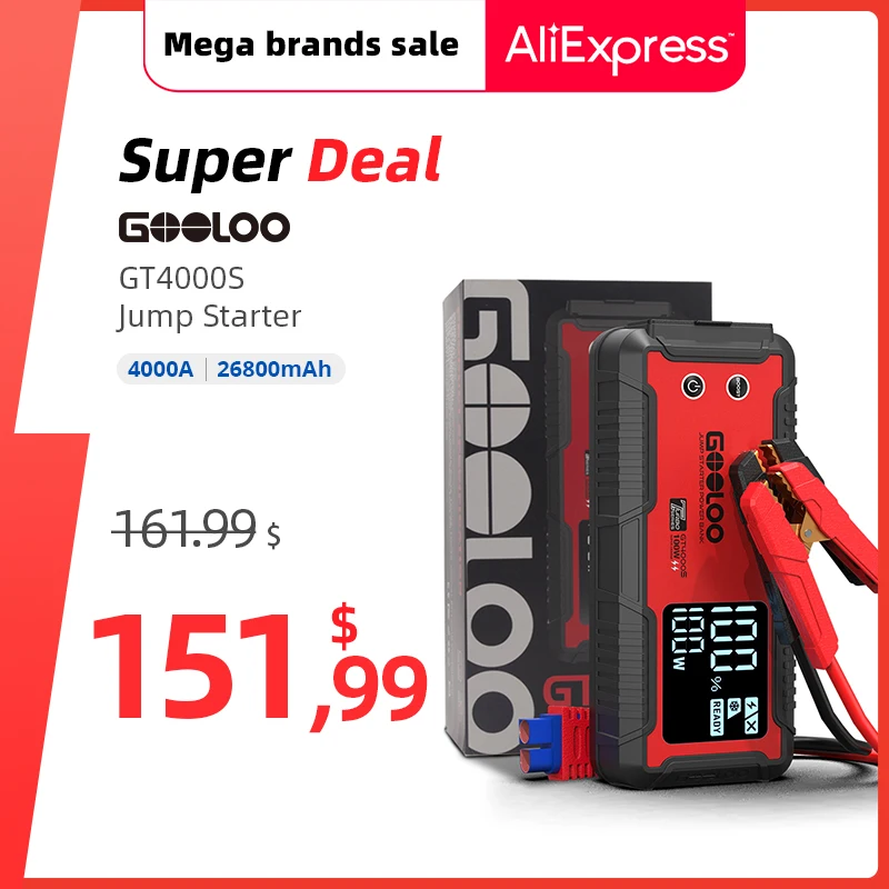 GOOLOO 4000A Jump Starter Car Charger Booster 12v Battery Starting Device 100w Power Bank 26800mAh External Starter Battery
GOOLOO 4000A Jump Starter Car Charger Booster 12v Battery Starting Device 100w Power Bank 26800mAh External Starter Battery
