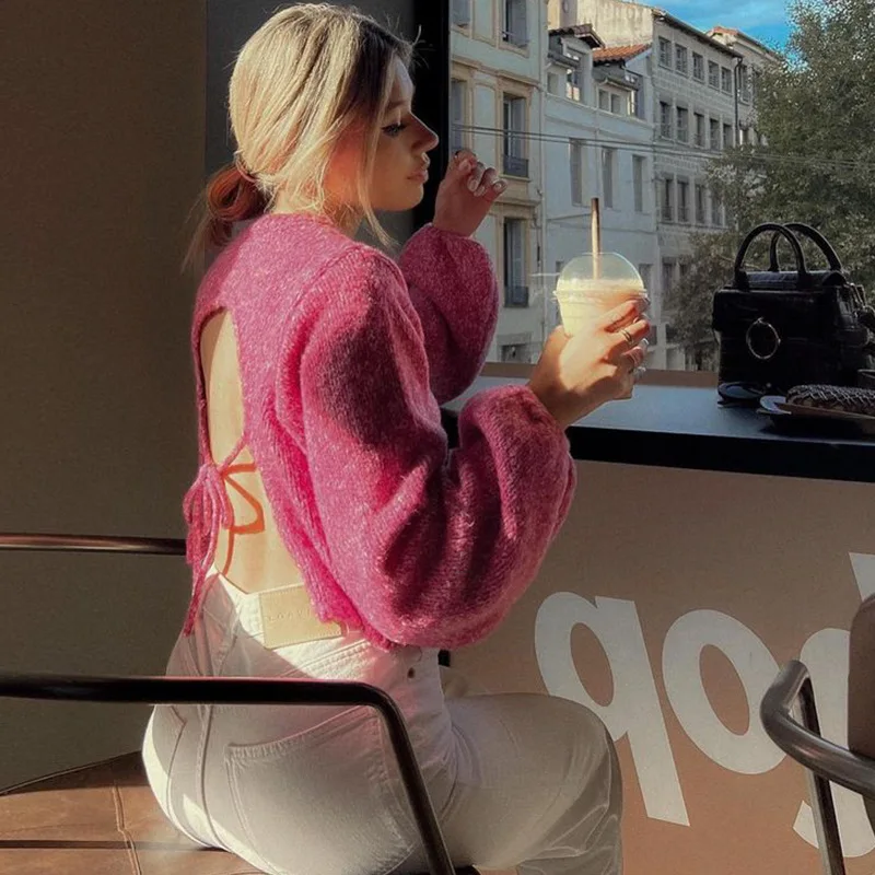 Women Solid Knit O-neck Back Cut Out Sweaters Oversized Lace-up Long Sleeve Crop Top 2023 Autumn Sexy Highstreet Cloth Knitwear
Women Solid Knit O-neck Back Cut Out Sweaters Oversized Lace-up Long Sleeve Crop Top 2023 Autumn Sexy Highstreet Cloth Knitwear