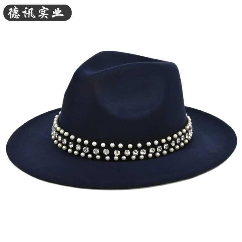 

Европейская и американская шерстяная шляпа со стразами, фетровая шляпа, универсальная весенняя, осенняя и зимняя шерстяная Ретро шляпа с широким покрытием, черная шляпа