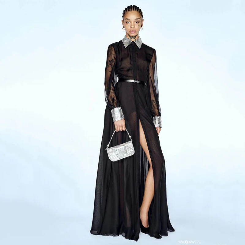 2023 Autumn New Sequins Lapel Long Sleeve Chiffon Dress Long Belt Waist Fashion Slim Dress Black Sexy Women's Dresses y2k
2023 Autumn New Sequins Lapel Long Sleeve Chiffon Dress Long Belt Waist Fashion Slim Dress Black Sexy Women's Dresses y2k