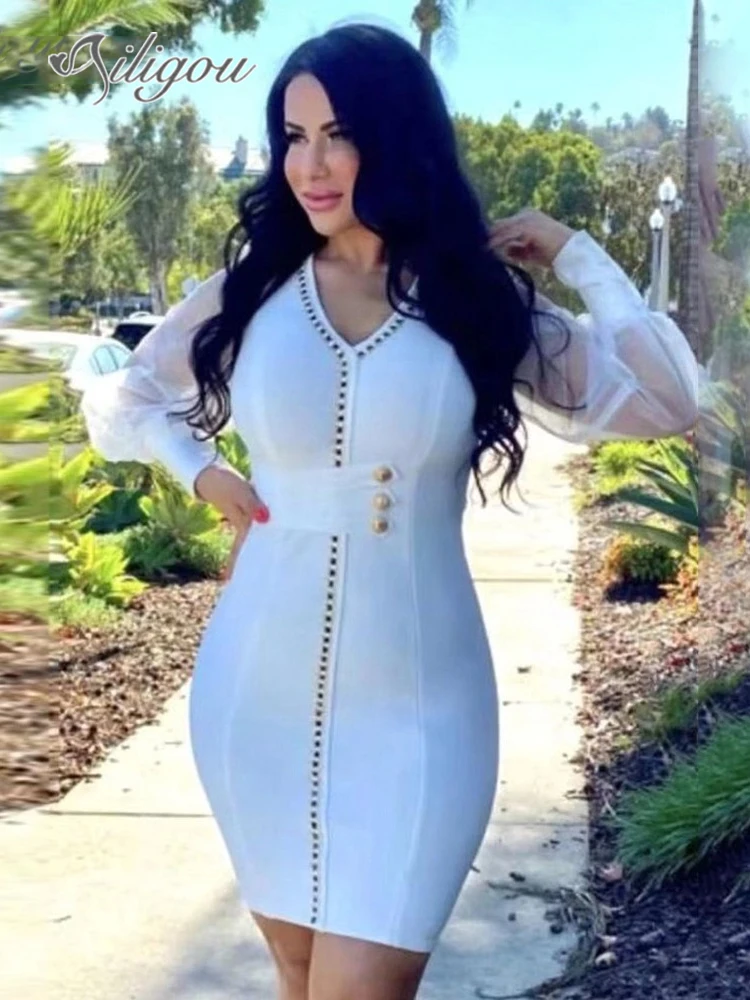 Ailigou Sexy Birthday Party Dress Bandage Dress Tight Button Mesh Long Sleeve Women's Midi White Dress 2022 Fall New
Ailigou Sexy Birthday Party Dress Bandage Dress Tight Button Mesh Long Sleeve Women's Midi White Dress 2022 Fall New