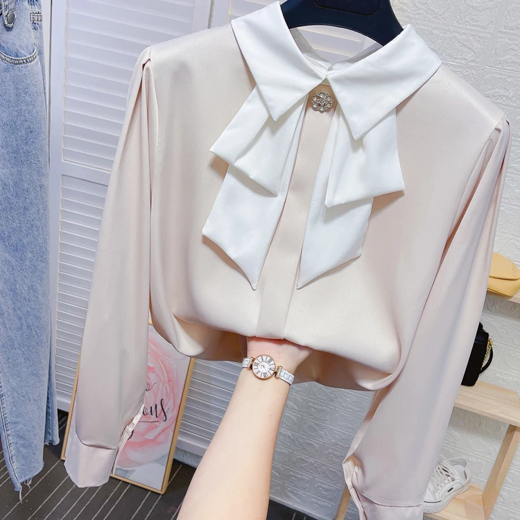 Women 2022 Spring Autumn New Bow Tie Long Sleeve Shirts Female OL Bottoming Shirts Ladies Loose Satin Pullover Blouses J154
Women 2022 Spring Autumn New Bow Tie Long Sleeve Shirts Female OL Bottoming Shirts Ladies Loose Satin Pullover Blouses J154