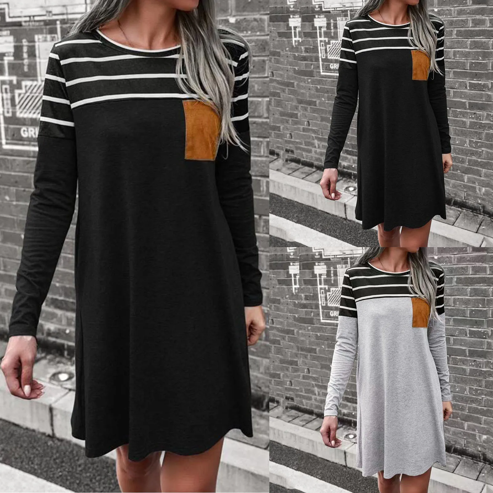 Ladies Round Neck Long Sleeve Dress Fashion Striped Pocket Stitching Casual Dress
Ladies Round Neck Long Sleeve Dress Fashion Striped Pocket Stitching Casual Dress