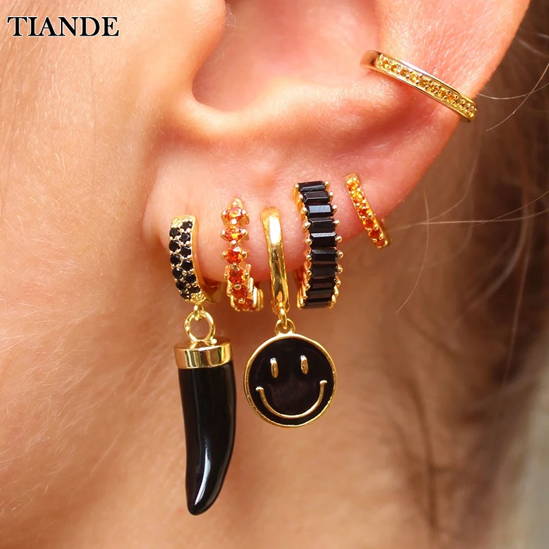 

TIANDE Gold Plated Hoop Drop Earrings for Women Black Zircon Piercing Round Dangle Earrings Set 2022 Fashion Jewelry Wholesale