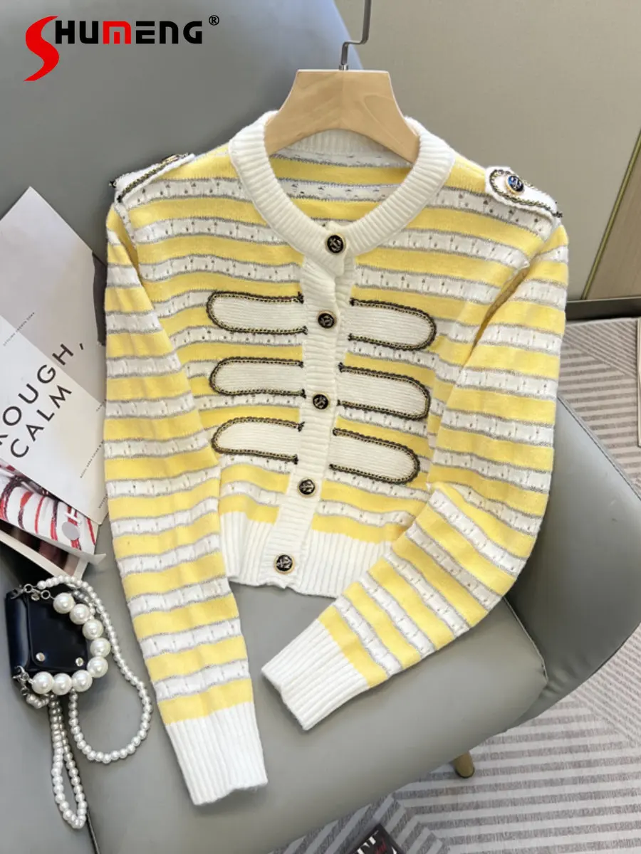 Contrast Color Striped Sweater Coat Women Fall 2022 Winter New Buttons Chain Design Hollow-out Short Knitted Cardigan Jacket Top
Contrast Color Striped Sweater Coat Women Fall 2022 Winter New Buttons Chain Design Hollow-out Short Knitted Cardigan Jacket Top