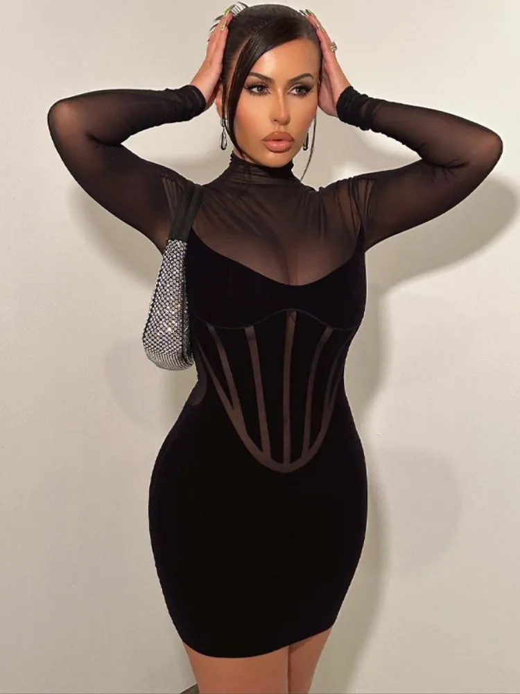 Solid Black Bodycon Dress Gauze See Through High Waist Vestidos Elegantes Para Mujer Turtleneck Long Sleeve Sexy Club Outfits
Solid Black Bodycon Dress Gauze See Through High Waist Vestidos Elegantes Para Mujer Turtleneck Long Sleeve Sexy Club Outfits