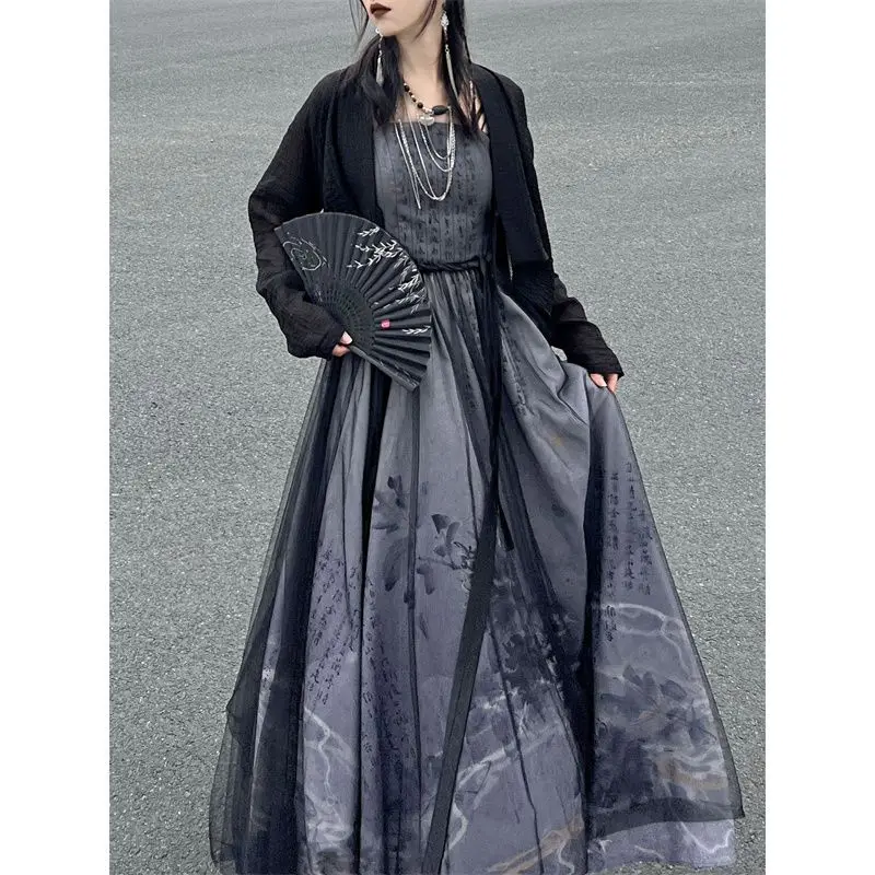 2023 Summer Improved Chinese Traditional Black Printed Hanfu Dress Two Piece Set Women Gothic Modern Halloween Cosplay Costume
2023 Summer Improved Chinese Traditional Black Printed Hanfu Dress Two Piece Set Women Gothic Modern Halloween Cosplay Costume
