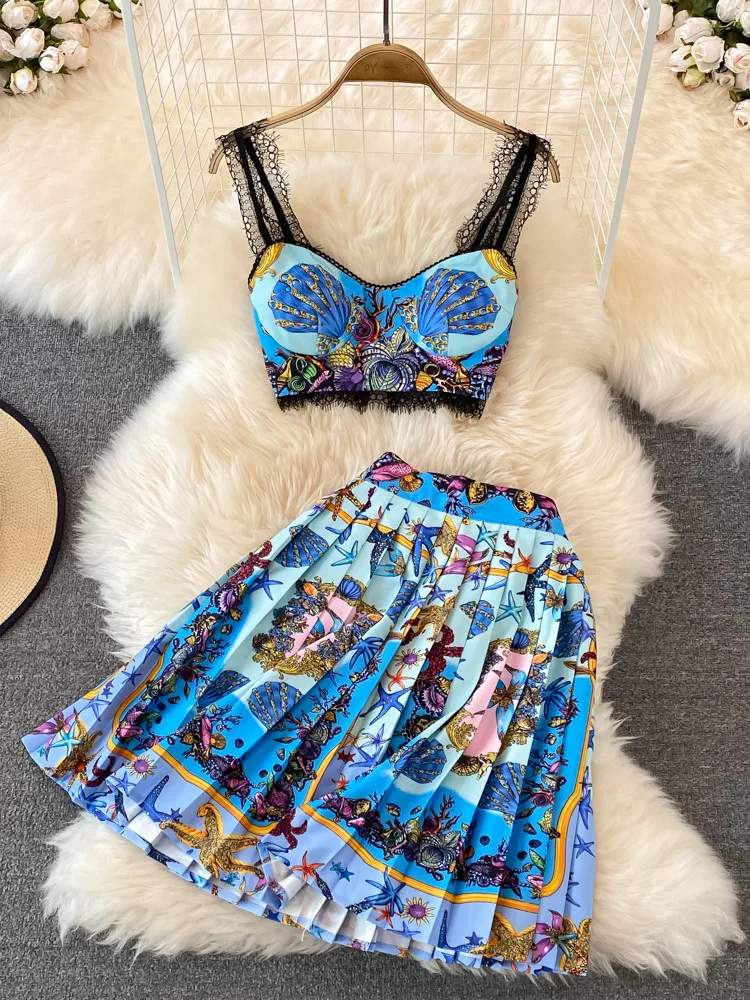 New Summer Fashion Two Piece Set Women Sexy Sleeve Crop Top + High Waist Pleated Skirt Set Seaside Holiday Beach 2 Piece Suits 
New Summer Fashion Two Piece Set Women Sexy Sleeve Crop Top + High Waist Pleated Skirt Set Seaside Holiday Beach 2 Piece Suits