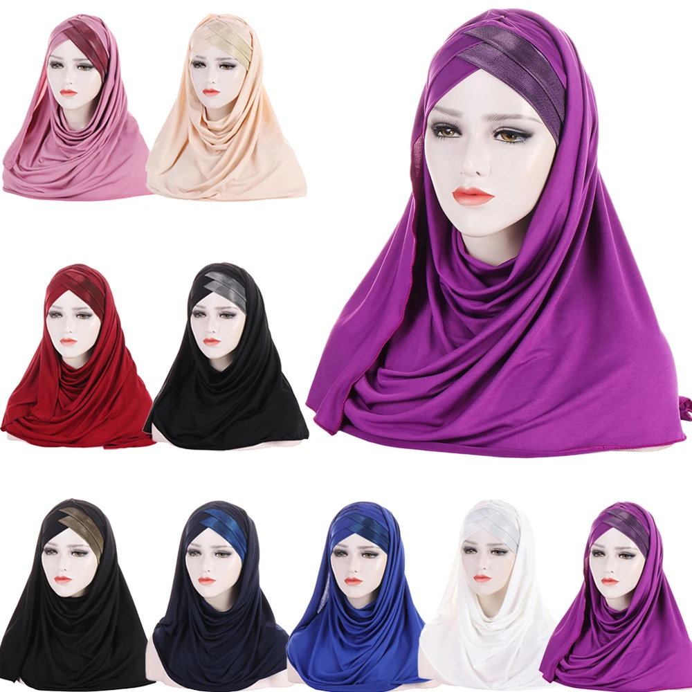 

2022 New Muslim Scarf Plain Instant Hijabs Glitter Shawls and Wraps Femme Musulman Hijab Ready To Wear Turban Women Head Scarves