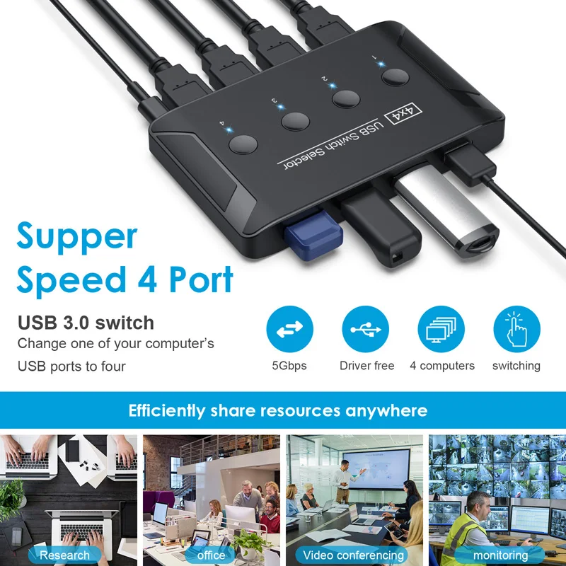 KVM Switch 4X4 USB 3.0 Switch Selector 4 Port Pcs Sharing 4 Devices for Keyboard Mouse Scanner Printer U Disk Kvm Switch Hub
KVM Switch 4X4 USB 3.0 Switch Selector 4 Port Pcs Sharing 4 Devices for Keyboard Mouse Scanner Printer U Disk Kvm Switch Hub