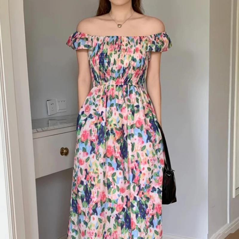 Clothland Women Sweet Floral Off Shoulder Dress Slash Neck A Line One Piece Elastic Body Beach Summer Midi Dresses QC358 
Clothland Women Sweet Floral Off Shoulder Dress Slash Neck A Line One Piece Elastic Body Beach Summer Midi Dresses QC358