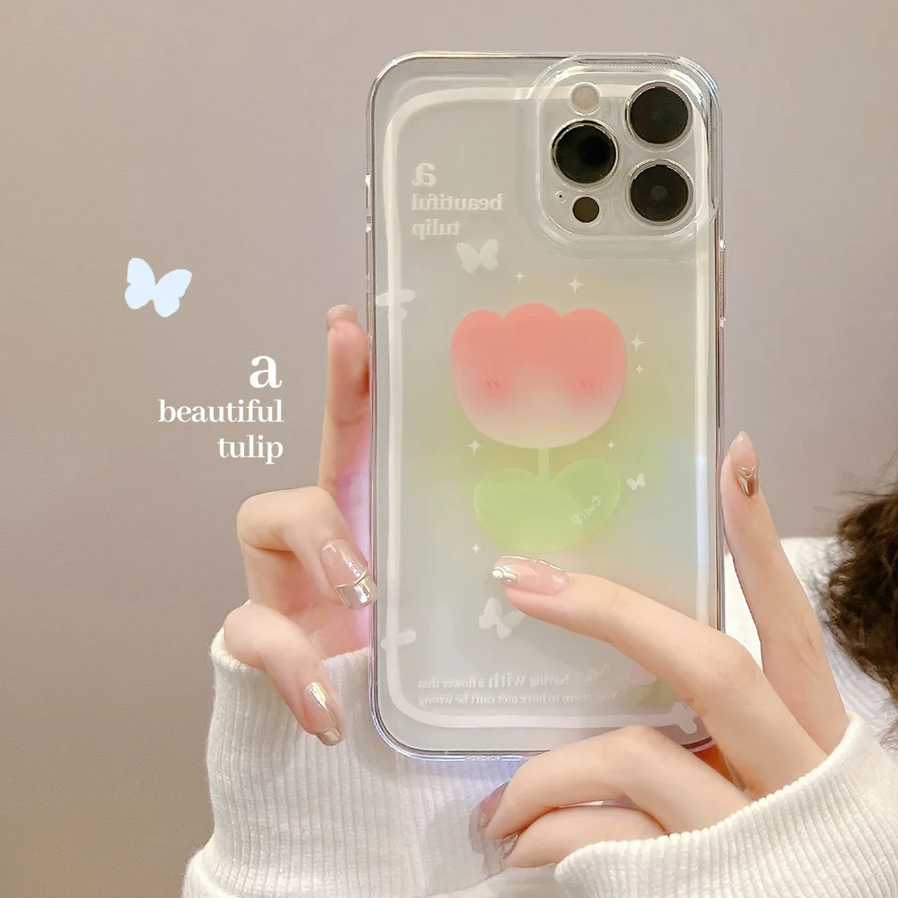 

Cute Laser Tulip Flower Lens Protection Phone Case For iPhone 11 12 13 Pro Xs Max Xr X 7 8 Puls SE 2 Shockproof Cover Coque