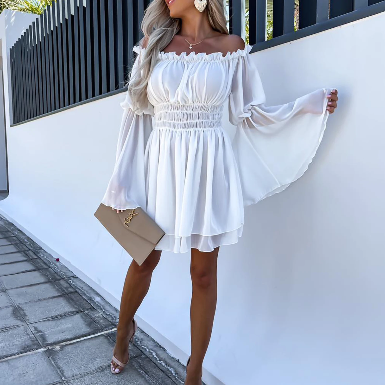 Womens Summer Dress Slash Neck Cute Chiffon Mini Dress Ruffle Pleated Flare Sleeve Casual White Dress 2023 Women Partywear
Womens Summer Dress Slash Neck Cute Chiffon Mini Dress Ruffle Pleated Flare Sleeve Casual White Dress 2023 Women Partywear