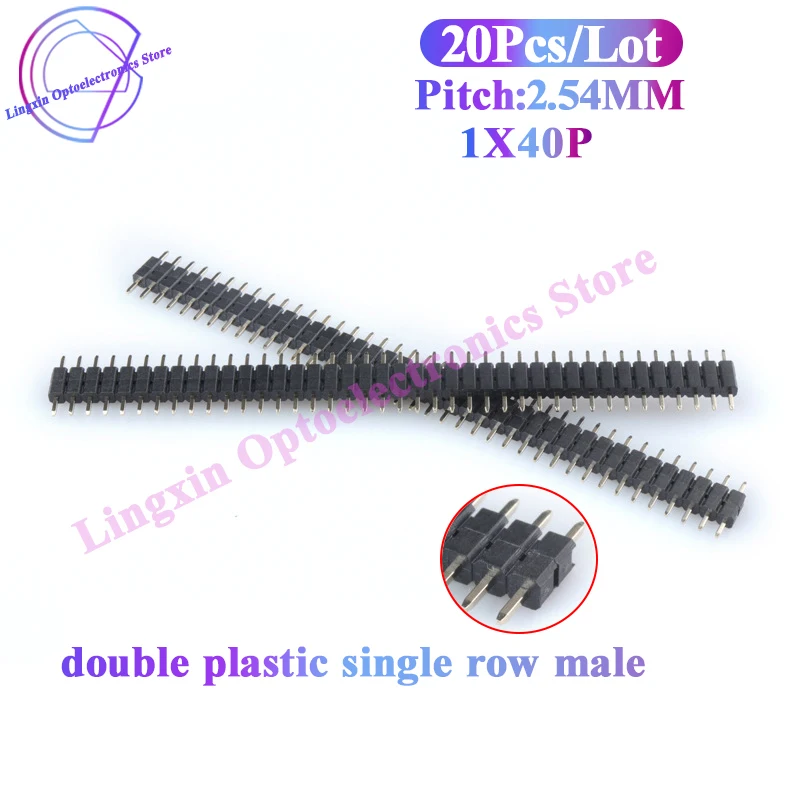 2.54mm double plastic single row male 40P PCB board pin header connector pin 1*40p length 11.6MM double plastic in the middle
2.54mm double plastic single row male 40P PCB board pin header connector pin 1*40p length 11.6MM double plastic in the middle