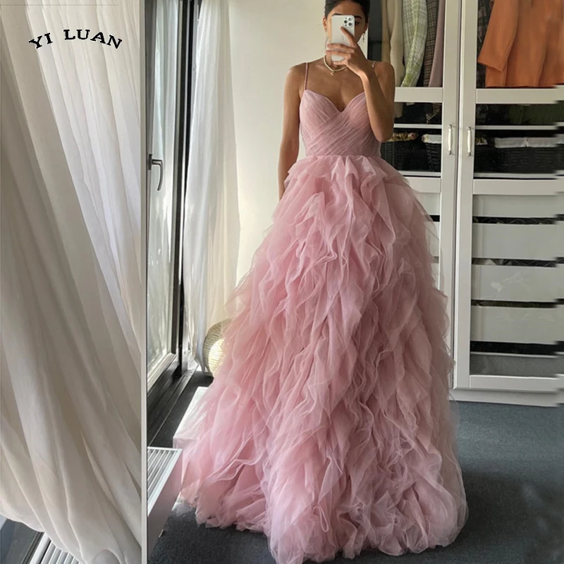 

Princess Ruched Tulle Prom Evening Puffy Dress Maxi Spaghetti Straps Engagement Party Gowns Випускна сукня Light Pink