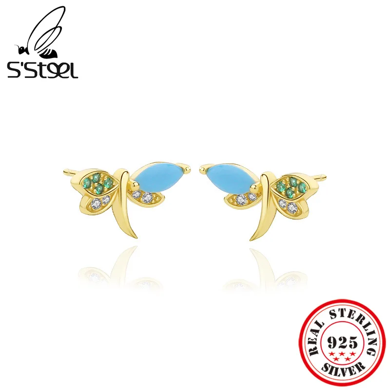 

S'STEEL 925 Sterling Silver Turquoise Dragonfly Earrings Small Zircon Stud Earings For Girls Trending Products 2022 Fine Jewelry